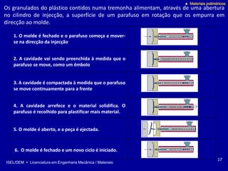 ISEL/DEM  Licenciatura em Engenharia Mecânica / Materiais
 Materiais poliméricos
1. O molde é fechado e o parafuso começa a mover-
se na direcção da injecção
2. A cavidade vai sendo preenchida à medida que o
parafuso se move, como um êmbolo
3. A cavidade é compactada à medida que o parafuso
se move continuamente para a frente
4. A cavidade arrefece e o material solidifica. O
parafuso é recolhido para plastificar mais material.
5. O molde é aberto, e a peça é ejectada.
6. O molde é fechado e um novo ciclo é iniciado.
17
Os granulados do plástico contidos numa tremonha alimentam, através de uma abertura
no cilindro de injecção, a superfície de um parafuso em rotação que os empurra em
direcção ao molde.
 