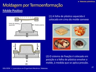 ISEL/DEM  Licenciatura em Engenharia Mecânica / Materiais
 Materiais poliméricos
MoldePositivo
Folha de plástico
aquecida Molde positivo
(1) A folha de plástico aquecida é
colocada em cima do molde convexo
(2) O sistema de fixação é colocado em
posição e a folha de plástico envolve o
molde, à medida que se aplica pressão.
22
 