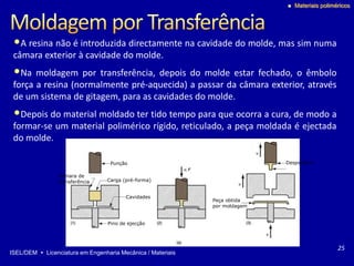 ISEL/DEM  Licenciatura em Engenharia Mecânica / Materiais
 Materiais poliméricos
Câmara de
transferência
Punção
Carga (pré-forma)
Cavidades
Pino de ejecção
Peça obtida
por moldagem
Desperdício
•A resina não é introduzida directamente na cavidade do molde, mas sim numa
câmara exterior à cavidade do molde.
•Na moldagem por transferência, depois do molde estar fechado, o êmbolo
força a resina (normalmente pré-aquecida) a passar da câmara exterior, através
de um sistema de gitagem, para as cavidades do molde.
•Depois do material moldado ter tido tempo para que ocorra a cura, de modo a
formar-se um material polimérico rígido, reticulado, a peça moldada é ejectada
do molde.
25
 