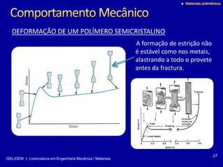 ISEL/DEM  Licenciatura em Engenharia Mecânica / Materiais
 Materiais poliméricos
A formação de estrição não
é estável como nos metais,
alastrando a todo o provete
antes da fractura.
DEFORMAÇÃO DE UM POLÍMERO SEMICRISTALINO
27
 