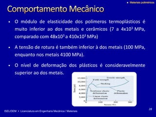 ISEL/DEM  Licenciatura em Engenharia Mecânica / Materiais
 Materiais poliméricos
• O módulo de elasticidade dos polímeros termoplásticos é
muito inferior ao dos metais e cerâmicos (7 a 4x103 MPa,
comparado com 48x103 a 410x103 MPa)
• A tensão de rotura é também inferior à dos metais (100 MPa,
enquanto nos metais 4100 MPa).
• O nível de deformação dos plásticos é consideravelmente
superior ao dos metais.
28
 