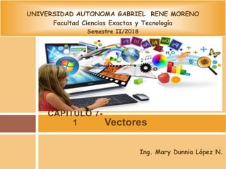 Vectores
CAPITULO 7-
1
Ing. Mary Dunnia López N.
UNIVERSIDAD AUTONOMA GABRIEL RENE MORENO
Facultad Ciencias Exactas y Tecnología
Semestre II/2018
 