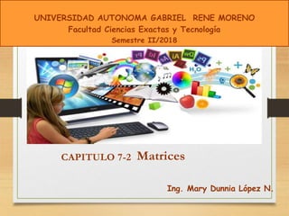 MatricesCAPITULO 7-2
Ing. Mary Dunnia López N.
UNIVERSIDAD AUTONOMA GABRIEL RENE MORENO
Facultad Ciencias Exactas y Tecnología
Semestre II/2018
 