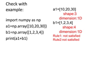 import numpy as np
a1=np.array([10,20,30])
b1=np.array([1,2,3,4])
print(a1+b1)
a1=[10,20,30]
shape:3
dimension:1D
b1=[1,2,3,4]
shape:4
dimension:1D
Rule1: not satisfied
Rule2:not satisfied
Check with
example:
 