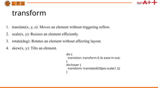 transform
1. translate(x, y, z): Moves an element without triggering reflow.
2. scale(x, y): Resizes an element efficiently.
3. rotate(deg): Rotates an element without affecting layout.
4. skew(x, y): Tilts an element.
div {
transition: transform 0.3s ease-in-out;
}
div:hover {
transform: translateX(50px) scale(1.2);
}
 