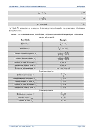 Folhas 
de 
Apoio 
à 
unidade 
curricular 
Elementos 
de 
Máquinas 
II 
Engrenagens 
푝! = π.푚! (7.19) 
푃! = 
푃! 
cos 휓 
(7.20) 
푚! = 푚! cos 휓 (7.21) 
Na Tabela 7.4 apresentam-se os sistemas de dentes normalmente usados nas engrenagens cilíndricas de 
dentes helicoidais. 
Tabela 7.4 – Sistemas de dentes padronizados e usados normalmente nas engrenagens cilíndricas de 
dentes helicoidais [4]. 
Quantidade Equação 
Saliência, 푎 
1 
푃! 
= 1푚! 
Reentrância, 푏 
1.25 
푃! 
= 1.25푚! 
Diâmetro primitivo do pinhão, 푑! 
푍! 
푃! cos 휓 
= 
푍!푚! 
cos 휓 
Diâmetro primitivo da roda, 푑! 
푍! 
푃! cos 휓 
= 
푍!푚! 
cos 휓 
Diâmetro de base do pinhão, 푑!" 푑! cos 휙! 
Diâmetro de base da roda, 푑!" 푑! cos 휙! 
Ângulo de hélice da base, 휓! tan!! tan 휓 cos 휙! 
Engrenagem externa 
Distância entre eixos, 퐶 
푑! + 푑! 
2 
Diâmetro externo do pinhão, 푑!"# ! 푑! + 2푎 
Diâmetro externo da roda, 푑!"# ! 푑! + 2푎 
Diâmetro de base do pinhão, 푑!" 푑! − 2푏 
Diâmetro de base da roda, 푑!" 푑! − 2푏 
Engrenagem interna 
Distância entre eixos, 퐶 
푑! − 푑! 
2 
Diâmetro interno, 푑!"# 푑 − 2푎 
Diâmetro de base, 푑! 푑 + 2푏 
ESTSetúbal/IPS 
-­‐ 
Rosa 
Marat-­‐Mendes 
-­‐ 
2012 
Página 
G-­‐13 
 