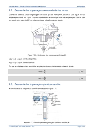 Folhas 
de 
Apoio 
à 
unidade 
curricular 
Elementos 
de 
Máquinas 
II 
Engrenagens 
7.7. Geometria das engrenagens cónicas de dentes rectos. 
Quando se pretende utilizar engrenagens em eixos que se interceptam, devem-se usar algum tipo de 
engrenagem cónica. Na Figura 7.16 está representada a simbologia usual das engrenagens cónicas para 
um ângulo entre eixos de 90º, no entanto pode ser utilizado qualquer ângulo. 
Figura 7.16 – Simbologia das engrenagens cónicas [4]. 
휸 [푔푟푎푢푠] – Ângulo primitivo do pinhão; 
휞 [푔푟푎푢푠] – Ângulo primitivo da roda. 
Em que as relações podem ser obtidas através dos números de dentes da roda e do pinhão: 
tan 훾 = 
푍! 
푍! 
(7.22) 
tan 훤 = 
푍! 
푍! 
(7.23) 
7.8. Geometria das engrenagens parafuso sem-fim. 
A nomenclatura de um parafuso sem-fim é mostrada na Figura 7.17. 
Figura 7.17 – Simbologia das engrenagens parafuso sem-fim [4]. 
ESTSetúbal/IPS 
-­‐ 
Rosa 
Marat-­‐Mendes 
-­‐ 
2012 
Página 
G-­‐14 
 