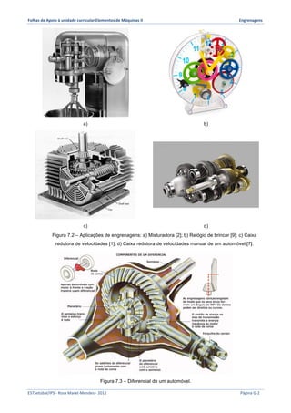 Folhas 
de 
Apoio 
à 
unidade 
curricular 
Elementos 
de 
Máquinas 
II 
Engrenagens 
a) b) 
c) d) 
Figura 7.2 – Aplicações de engrenagens: a) Misturadora [2]; b) Relógio de brincar [9]; c) Caixa 
redutora de velocidades [1]; d) Caixa redutora de velocidades manual de um automóvel [7]. 
Figura 7.3 – Diferencial de um automóvel. 
ESTSetúbal/IPS 
-­‐ 
Rosa 
Marat-­‐Mendes 
-­‐ 
2012 
Página 
G-­‐2 
 