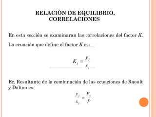 En esta sección se examinaran las correlaciones del factor K.
La ecuación que define el factor K es:
Ec. Resultante de la combinación de las ecuaciones de Raoult
y Dalton es:
j
j
j
x
y
K =
P
P
x
y vj
j
j
=
RELACIÓN DE EQUILIBRIO,
CORRELACIONES
 