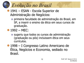 Evolução no Brasil
1941 – ESAN - Escola Superior de
Administração de Negócios:
primeira faculdade de administração do Brasil, em
SP, a inserir o ensino da ética em seus cursos de
graduação.
1992 – MEC:
sugeriu que todos os cursos de administração
(graduação ou pós) incluissem ética em seus
currículos.
1998 – I Congresso Latino Americano de
Ética, Negócios e Economia, sediado no
Brasil.
12 Profª. Drª. Sonia V. W. B.
de Oliveira
 