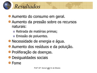 Resultados
Aumento do consumo em geral.
Aumento da pressão sobre os recursos
naturais:
Retirada de matérias primas;
Emissão de poluentes.
Necessidade de energia e água.
Aumento dos resíduos e da poluição.
Proliferação de doenças.
Desigualdades sociais
Fome
Profª. Drª. Sonia V. W. B. de Oliveira
63
 