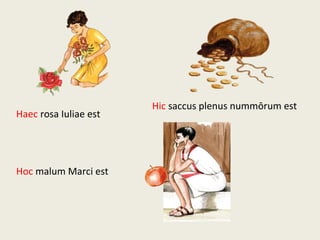 Hic saccus plenus nummōrum est
Haec rosa Iuliae est
Hoc malum Marci est
 