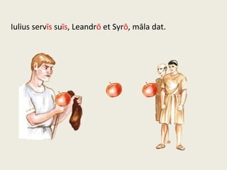 Iulius servīs suīs, Leandrō et Syrō, māla dat.
 