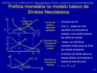 BACHA, C.J.C.; LIMA, R.A.S. Macroeconomia: Teorias e Aplicações à Economia Brasileira
        Política monetária no modelo básico da
                  Síntese Neoclássica
              D0                  D1
   P                                                  S0
                                Excesso de                        Curvas de      •   Aumento em M
                                 demanda                           oferta e
                                                                                 •   Com r0, passa-se a ter
                            A                                     demanda
 P0                                                   D1          agregada           equilíbrio no mercado de
                  S0                D0
                       y0                        y2      y                           produto, mas existe excesso
   r     I0                                                                          de oferta de moeda.
                                    M0
                                                         M1 Equilíbrio nos •         Assim, os indivíduos
                        A                                   mercados de
   r0
                                                             produto e               compram títulos para se livrar
   r2        L0                                               moeda
                                     L1               S0                             da moeda excedente.
                       y0                       y2       y                       •   A compra de títulos eleva os
        W                                                                            preços destes, provocando a
                                              j(P0, N)
                                                                 Equilíbrio no
                                                                 mercado de          queda da taxa de juros.
                                A                                  trabalho
        W0                          P0.f(N)                                      •   r    i     y
                            N0                               N                                                        127
 