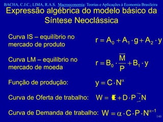 BACHA, C.J.C.; LIMA, R.A.S. Macroeconomia: Teorias e Aplicações à Economia Brasileira
 Expressão algébrica do modelo básico da
          Síntese Neoclássica
  Curva IS – equilíbrio no
                                                  r     A0       A1 g A 2 y
  mercado de produto

  Curva LM – equilíbrio no                                     M
                                                  r     B0       B1 y
  mercado de moeda                                             P
  Função de produção:                             y      C N
  Curva de Oferta de trabalho:                    W        E D P N
                                                                                   1
  Curva de Demanda de trabalho:                       W            C P N               140
 