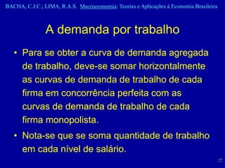 BACHA, C.J.C.; LIMA, R.A.S. Macroeconomia: Teorias e Aplicações à Economia Brasileira



                A demanda por trabalho
   • Para se obter a curva de demanda agregada
     de trabalho, deve-se somar horizontalmente
     as curvas de demanda de trabalho de cada
     firma em concorrência perfeita com as
     curvas de demanda de trabalho de cada
     firma monopolista.
   • Nota-se que se soma quantidade de trabalho
     em cada nível de salário.
                                                                                        27
 