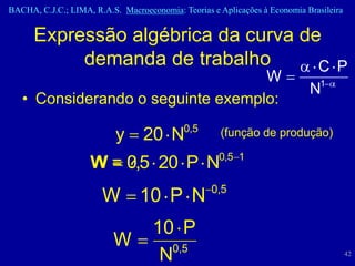 BACHA, C.J.C.; LIMA, R.A.S. Macroeconomia: Teorias e Aplicações à Economia Brasileira


      Expressão algébrica da curva de
           demanda de trabalho       C P
                                   W                                           1
                                                                            N
   • Considerando o seguinte exemplo:
                                            0,5
                           y      20 N               (função de produção)

                                                     0,5 1
                    W = 0,5 20 P N
                        ?
                                                   0,5
                       W 10 P N
                                    10 P
                          W           0,5
                                     N                                                  42
 