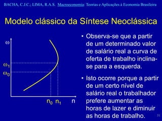 BACHA, C.J.C.; LIMA, R.A.S. Macroeconomia: Teorias e Aplicações à Economia Brasileira



Modelo clássico da Síntese Neoclássica
                                           • Observa-se que a partir
                                             de um determinado valor
                                             de salário real a curva de
                                             oferta de trabalho inclina-
  1                                          se para a esquerda.
 0
                                       • Isto ocorre porque a partir
                                         de um certo nível de
                                         salário real o trabalhador
                       n0 n1         n   prefere aumentar as
                                         horas de lazer e diminuir
                                         as horas de trabalho.      51
 
