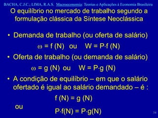 BACHA, C.J.C.; LIMA, R.A.S. Macroeconomia: Teorias e Aplicações à Economia Brasileira
   O equilíbrio no mercado de trabalho segundo a
    formulação clássica da Síntese Neoclássica

  • Demanda de trabalho (ou oferta de salário)
                       = f (N) ou             W = P f (N)
 • Oferta de trabalho (ou demanda de salário)
                   = g (N) ou             W = P g (N)
 • A condição de equilíbrio – em que o salário
   ofertado é igual ao salário demandado – é :
                             f (N) = g (N)
      ou
                             P f(N) = P g(N)                                            54
 