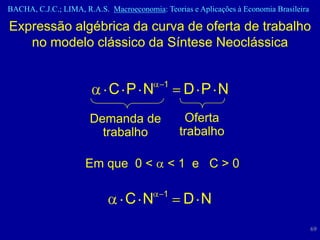 BACHA, C.J.C.; LIMA, R.A.S. Macroeconomia: Teorias e Aplicações à Economia Brasileira

Expressão algébrica da curva de oferta de trabalho
   no modelo clássico da Síntese Neoclássica


                                            1
                            C P N                D P N
                       Demanda de                Oferta
                         trabalho               trabalho

                     Em que 0 <              <1 e C>0

                                           1
                                 C N             D N
                                                                                        69
 