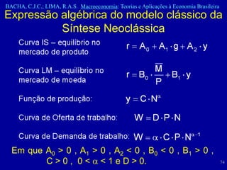 BACHA, C.J.C.; LIMA, R.A.S. Macroeconomia: Teorias e Aplicações à Economia Brasileira
Expressão algébrica do modelo clássico da
          Síntese Neoclássica




  Em que A0 > 0 , A1 > 0 , A2 < 0 , B0 < 0 , B1 > 0 ,
         C > 0 , 0 < < 1 e D > 0.                                                       74
 