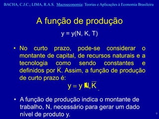 BACHA, C.J.C.; LIMA, R.A.S. Macroeconomia: Teorias e Aplicações à Economia Brasileira



                  A função de produção
                                y = y(N, K, T)

     • No curto prazo, pode-se considerar o
       montante de capital, de recursos naturais e a
       tecnologia como sendo constantes e
       definidos por K. Assim, a função de produção
       de curto prazo é:
                                    y     y N, K
     • A função de produção indica o montante de
       trabalho, N, necessário para gerar um dado
       nível de produto y.                                                              9
 