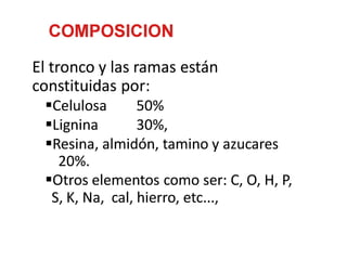 COMPOSICION
El tronco y las ramas están
constituidas por:
•Celulosa 50%
•Lignina 30%,
•Resina, almidón, tamino y azucares
20%.
•Otros elementos como ser: C, O, H, P,
S, K, Na, cal, hierro, etc...,
 