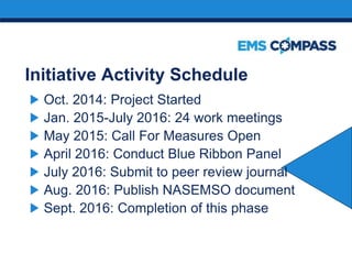 Initiative Activity Schedule
Oct. 2014: Project Started
Jan. 2015-July 2016: 24 work meetings
May 2015: Call For Measures ...