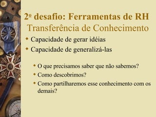 Capacidade de gerar idéias Capacidade de generalizá-las  2 o  desafio: Ferramentas de RH   Transferência de Conhecimento O que precisamos saber que não sabemos? Como descobrimos? Como partilharemos esse conhecimento com os demais? 