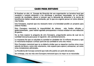 CASO PARA ESTUDIO
Al finalizar un año, el Consejo de Dirección de una organización no lucrativa local que
recolecta o compra alimentos y los distribuye a personas necesitadas, en su última
reunión de resultados, dieron a conocer que la demanda de alimentos y la cocina de
beneficencia habían estado aumentando, por lo que era urgente pensar en cómo obtener
más fondos.
Una Consejera, expresó que era necesario tener a la brevedad posible un proyecto para
obtener fondos.
Otro Consejero mencionó la imposibilidad de obtener
más fondos oficiales o
gubernamentales , pues habían agotado presupuestos e incluso estaban en una reducción
de gastos.
No se hizo esperar la pregunta de otro Consejero, preguntando acerca de cual era la
cantidad necesaria para pasar el siguiente año satisfactoriamente.
La respuesta fue que se calculaba la cantidad en alrededor de 10 millones de pesos y que
se necesitaría empezar a utilizar parte de esa cantidad en unos dos meses.
Otro Consejero mencionó que no se debería olvidar que se requerían muchas otras cosas
además de dinero, como más voluntarios, más espacio para operar y almacenar, así como
otras instalaciones adicionales.
La Presidenta del Consejo comentó que todo ello podría ser parte del proyecto.
—

^---ojero mencionó que a lo mejor no se necesitaba

16

 