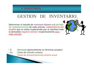 GESTION DE INVENTARIO
Determinar el tamaño de inventario óptimo y el período
de reabastecimiento de cada artículo, independiente del
modelo que se utilice (suponiendo que se satisface toda
la demanda) requiere conocer respectivamente para
cada artículo:

• D
: Demanda (generalmente en términos anuales)
• Ce
: Costo de emisión unitario
• C i ^ ^ L Costo de almacenamiento unitario anual

«

 