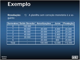Exemplo
          Resolução:   1) A planilha sem correção monetária é a se-
          guinte:

          Semestres Saldo Devedor Amortizações   Juros    Prestação
              0        100.000          -           -          -
              1         80.000      20.000        4.000     24.000
              2         60.000      20.000        3.200     23.200
              3         40.000      20.000        2.400     22.400
              4         20.000      20.000        1.600     21.600
              5            -        20.000         800      20.800
            Total          -        100.000      12.000    112.000




Mathias
Gomes
 