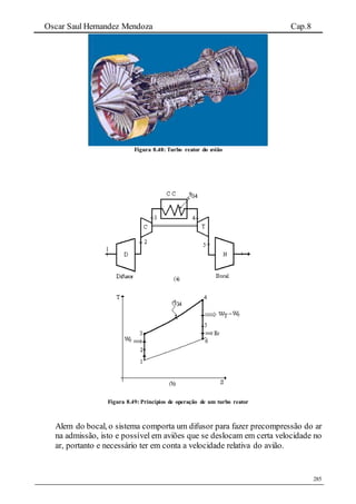 Oscar Saul Hernandez Mendoza Cap.8
285
Figura 8.48: Turbo reator do avião
Figura 8.49: Princípios de operação de um turbo reator
Alem do bocal, o sistema comporta um difusor para fazer precompressão do ar
na admissão, isto e possível em aviões que se deslocam em certa velocidade no
ar, portanto e necessário ter em conta a velocidade relativa do avião.
 