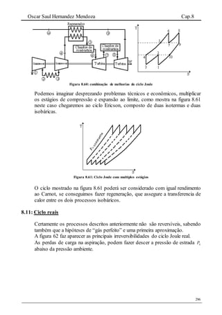 Oscar Saul Hernandez Mendoza Cap.8
296
Figura 8.60: combinação de melhorias do ciclo Joule
Podemos imaginar desprezando problemas técnicos e econômicos, multiplicar
os estágios de compressão e expansão ao limite, como mostra na figura 8.61
neste caso chegaremos ao ciclo Ericson, composto de duas isotermas e duas
isobáricas.
Figura 8.61: Ciclo Joule com multiples estágios
O ciclo mostrado na figura 8.61 poderá ser considerado com igual rendimento
ao Carnot, se conseguimos fazer regeneração, que assegure a transferencia de
calor entre os dois processos isobáricos.
8.11: Ciclo reais
Certamente os processos descritos anteriormente não são reversíveis, sabendo
também que a hipóteses de “gás perfeito” e uma primeira aproximação.
A figura 62 faz aparecer as principais irreversibilidades do ciclo Joule real.
As perdas de carga na aspiração, podem fazer descer a pressão de estrada 4P
abaixo da pressão ambiente.
 