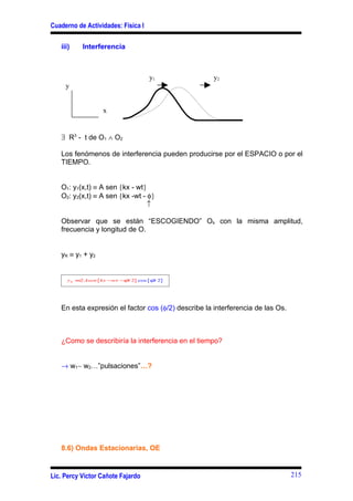 Cuaderno de Actividades: Física I

   iii)    Interferencia



                                     y1              y2
     y


                   x


   ∃ R3 - t de O1 ∧ O2

   Los fenómenos de interferencia pueden producirse por el ESPACIO o por el
   TIEMPO.


   O1: y1(x,t) ≡ A sen {kx - wt}
   O2: y2(x,t) ≡ A sen {kx -wt - φ}
                                 ↑

   Observar que se están “ESCOGIENDO” Os con la misma amplitud,
   frecuencia y longitud de O.


   yR ≡ y1 + y2


      y R ≡2 Asen {kx −wt − / 2} cos {φ/ 2}
                           φ




   En esta expresión el factor cos (φ/2) describe la interferencia de las Os.



   ¿Como se describiría la interferencia en el tiempo?


   → w1∼ w2…”pulsaciones”…?




   8.6) Ondas Estacionarias, OE


Lic. Percy Víctor Cañote Fajardo                                                215
 