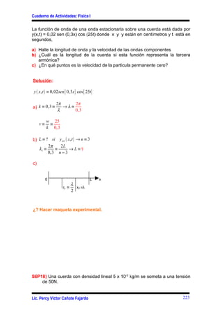 Cuaderno de Actividades: Física I

La función de onda de una onda estacionaria sobre una cuerda está dada por
y(x,t) = 0,02 sen (0,3x) cos (25t) donde x y y están en centímetros y t está en
segundos,

a) Halle la longitud de onda y la velocidad de las ondas componentes
b) ¿Cuál es la longitud de la cuerda si esta función representa la tercera
   armónica?
c) ¿En qué puntos es la velocidad de la partícula permanente cero?


Solución:

 y ( x, t ) ≡ 0, 02 sen { 0,3x} cos { 25t}

                2π      2π
a) k ≡ 0,3 ≡       →λ ≡
                 λ      0, 3

          w 25
     v≡    ≡
          k 0,3

b) L ≡ ? si yest ( x, t ) → n ≡ 3
        2π   2L
   λ3 ≡    ≡       → L ≡?
        0,3 n = 3

c)


          0                             L    x
                          λ
                     x1 ≡   x2 ≡λ
                          2



¿? Hacer maqueta experimental.




S6P18) Una cuerda con densidad lineal 5 x 10-2 kg/m se someta a una tensión
    de 50N.


Lic. Percy Víctor Cañote Fajardo                                           223
 