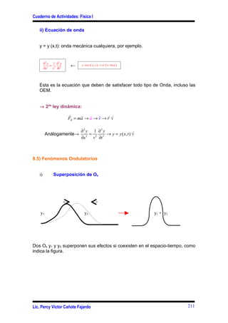 Cuaderno de Actividades: Física I

   ii) Ecuación de onda


   y = y (x,t): onda mecánica cualquiera, por ejemplo.


        ∂2 y 1 ∂2 y
            =
        ∂x 2 v 2 ∂t 2
                         ←    y ≡ y ( x, t ) = f   ( x ±vt )




   Esta es la ecuación que deben de satisfacer todo tipo de Onda, incluso las
   OEM.


   → 2da ley dinámica:
                        r     r   r   r   r
                        FR = ma → a → v → r √

                       ∂2 y 1 ∂2 y
         Análogamente→     =         → y = y ( x, t ) √
                       ∂x 2 v 2 ∂t 2



8.5) Fenómenos Ondulatorios


   i)          Superposición de Os




    y1                          y2                             y1 + y2




Dos Os y1 y y2 superponen sus efectos si coexisten en el espacio-tiempo, como
indica la figura.




Lic. Percy Víctor Cañote Fajardo                                         211
 