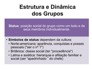 Estrutura e Dinâmica
dos Grupos
Status: posição social do grupo como um todo e de
seus membros individualmente.
• Símbolos de status dependem da cultura:
• Norte-americana: aparência, conquistas e posses
pessoais ("ser o nº 1")
• Britânica: classe social (ter "procedência")
• Latina e asiática: hierarquia e afiliação familiar e
social (ser “apadrinhado ” do chefe)
 