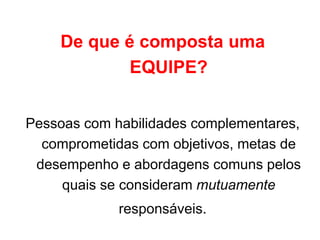 De que é composta uma
EQUIPE?
Pessoas com habilidades complementares,
comprometidas com objetivos, metas de
desempenho e abordagens comuns pelos
quais se consideram mutuamente
responsáveis.
 