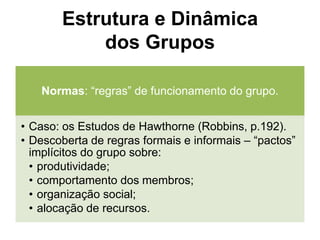Estrutura e Dinâmica
dos Grupos
Normas: “regras” de funcionamento do grupo.
• Caso: os Estudos de Hawthorne (Robbins, p.192).
• Descoberta de regras formais e informais – “pactos”
implícitos do grupo sobre:
• produtividade;
• comportamento dos membros;
• organização social;
• alocação de recursos.
 