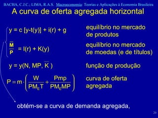 A curva de oferta agregada horizontal  equilíbrio no mercado de moedas (e de títulos) = l(r) + K(y) função de produção y = y(N, MP, K ) curva de oferta agregada obtém-se a curva de demanda agregada,  y = c [y-t(y)] + i(r) + g equilíbrio no mercado de produtos 