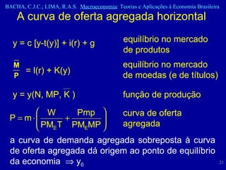 A curva de oferta agregada horizontal  equilíbrio no mercado de moedas (e de títulos) = l(r) + K(y) função de produção y = y(N, MP, K ) curva de oferta agregada a curva de demanda agregada sobreposta à curva de oferta agregada dá origem ao ponto de equilíbrio da economia    y 0 y = c [y-t(y)] + i(r) + g equilíbrio no mercado de produtos 
