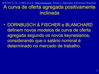 DORNBUSCH & FISCHER e BLANCHARD definem novos modelos de curva de oferta agregada segundo os novos keynesianos, considerando que o salário nominal é determinado no mercado de trabalho. A curva de oferta agregada positivamente inclinada 
