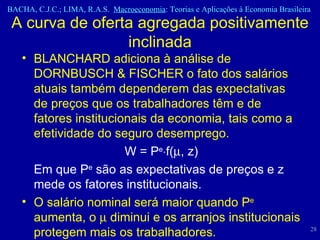 BLANCHARD adiciona à análise de DORNBUSCH & FISCHER o fato dos salários atuais também dependerem das expectativas de preços que os trabalhadores têm e de fatores institucionais da economia, tais como a efetividade do seguro desemprego.  W = P e  f(  , z) Em que P e  são as expectativas de preços e z mede os fatores institucionais.  O salário nominal será maior quando P e  aumenta, o    diminui e os arranjos institucionais protegem mais os trabalhadores. A curva de oferta agregada positivamente inclinada 