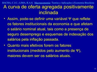 Assim, pode-se definir uma variável    que reflete os fatores institucionais da economia e que afetam o salário nominal atual, tais como a presença de seguro desemprego e esquemas de indexação dos salários pela inflação passada.  Quanto mais efetivos forem os fatores institucionais (medidos pelo aumento de   ), maiores devem ser os salários atuais. A curva de oferta agregada positivamente inclinada 