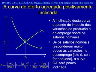 A inclinação desta curva depende do impacto das variações da produção e do emprego sobre os salários nominais.  Se os salários nominais responderem muito pouco às variações no desemprego [isto é, se ε for pequeno], a curva OA será pouco inclinada. P P 0 y 0 y OA D D E A curva de oferta agregada positivamente inclinada 