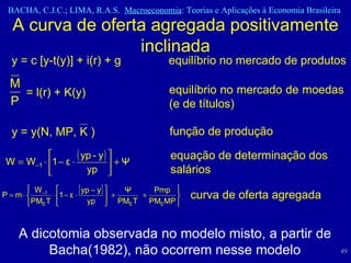 A curva de oferta agregada positivamente inclinada A dicotomia observada no modelo misto, a partir de Bacha(1982), não ocorrem nesse modelo y = c [y-t(y)] + i(r) + g equilíbrio no mercado de produtos equilíbrio no mercado de moedas (e de títulos) = l(r) + K(y) função de produção y = y(N, MP, K ) equação de determinação dos salários curva de oferta agregada 