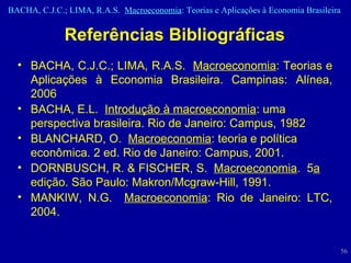 Referências Bibliográficas BACHA, C.J.C.; LIMA, R.A.S.  Macroeconomia : Teorias e Aplicações à Economia Brasileira. Campinas: Alínea, 2006 BACHA, E.L.  Introdução à macroeconomia : uma perspectiva brasileira. Rio de Janeiro: Campus, 1982 BLANCHARD, O.  Macroeconomia : teoria e política econômica. 2 ed. Rio de Janeiro: Campus, 2001.  DORNBUSCH, R. & FISCHER, S.  Macroeconomia .  5 a  edição. São Paulo: Makron/Mcgraw-Hill, 1991. MANKIW, N.G.  Macroeconomia : Rio de Janeiro: LTC, 2004.  