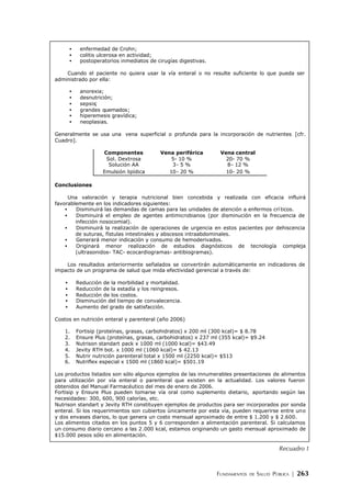 FUNDAMENTOS DE SALUD PÚBLICA | 263
Recuadro 1
• enfermedad de Crohn;
• colitis ulcerosa en actividad;
• postoperatorios inmediatos de cirugías digestivas.
Cuando el paciente no quiera usar la vía enteral o no resulte suficiente lo que pueda ser
administrado por ella:
• anorexia;
• desnutrición;
• sepsis;
• grandes quemados;
• hiperemesis gravídica;
• neoplasias.
Generalmente se usa una vena superficial o profunda para la incorporación de nutrientes [cfr.
Cuadro].
Componentes Vena periférica Vena central
Sol. Dextrosa 5- 10 % 20- 70 %
Solución AA 3- 5 % 8- 12 %
Emulsión lipídica 10- 20 % 10- 20 %
Conclusiones
Una valoración y terapia nutricional bien concebida y realizada con eficacia influirá
favorablemente en los indicadores siguientes:
• Disminuirá las demandas de camas para las unidades de atención a enfermos crí ticos.
• Disminuirá el empleo de agentes antimicrobianos (por disminución en la frecuencia de
infección nosocomial).
• Disminuirá la realización de operaciones de urgencia en estos pacientes por dehiscencia
de suturas, fístulas intestinales y abscesos intraabdominales.
• Generará menor indicación y consumo de hemoderivados.
• Originará menor realización de estudios diagnósticos de tecnología compleja
(ultrasonidos- TAC- ecocardiogramas- antibiogramas).
Los resultados anteriormente señalados se convertirán automáticamente en indicadores de
impacto de un programa de salud que mida efectividad gerencial a través de:
• Reducción de la morbilidad y mortalidad.
• Reducción de la estadía y los reingresos.
• Reducción de los costos.
• Disminución del tiempo de convalecencia.
• Aumento del grado de satisfacción.
Costos en nutrición enteral y parenteral (año 2006)
1. Fortisip (proteínas, grasas, carbohidratos) x 200 ml (300 kcal)= $ 8.78
2. Ensure Plus (proteínas, grasas, carbohidratos) x 237 ml (355 kcal)= $9.24
3. Nutrison standart pack x 1000 ml (1000 kcal)= $43.49
4. Jevity RTH bot. x 1000 ml (1060 kcal)= $ 42.13
5. Nutrir nutrición parenteral total x 1500 ml (2250 kcal)= $513
6. Nutriflex especial x 1500 ml (1860 kcal)= $501.19
Los productos listados son sólo algunos ejemplos de las innumerables presentaciones de alimentos
para utilización por vía enteral o parenteral que existen en la actualidad. Los valores fueron
obtenidos del Manual Farmacéutico del mes de enero de 2006.
Fortisip y Ensure Plus pueden tomarse vía oral como suplemento dietario, aportando según las
necesidades: 300, 600, 900 calorías, etc.
Nutrison standart y Jevity RTH constituyen ejemplos de productos para ser incorporados por sonda
enteral. Si los requerimientos son cubiertos únicamente por esta vía, pueden requerirse entre uno
y dos envases diarios, lo que genera un costo mensual aproximado de entre $ 1.200 y $ 2.600.
Los alimentos citados en los puntos 5 y 6 corresponden a alimentación parenteral. Si calculamos
un consumo diario cercano a las 2.000 kcal, estamos originando un gasto mensual aproximado de
$15.000 pesos sólo en alimentación.
 