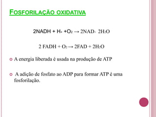 2NADH + H+ +O2 → 2NAD+ 2H2O
2 FADH + O2 → 2FAD + 2H2O
 A energia liberada é usada na produção de ATP
 A adição de fosfato ao ADP para formar ATP é uma
fosforilação.
FOSFORILAÇÃO OXIDATIVA
 